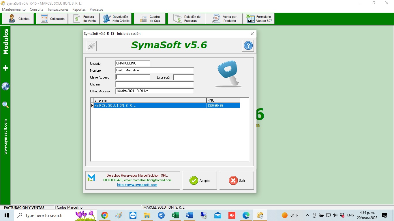 Pantalla de inicio de sesión de Symasoft