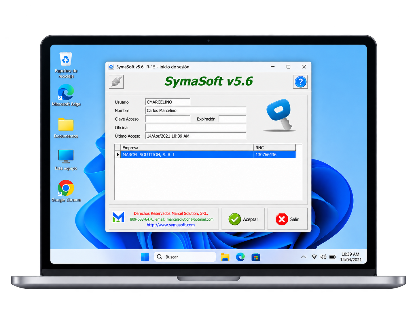 SymaSoft ejecutándose en una laptop
